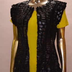 Faux fur leather unique style vest with belt -NWOT